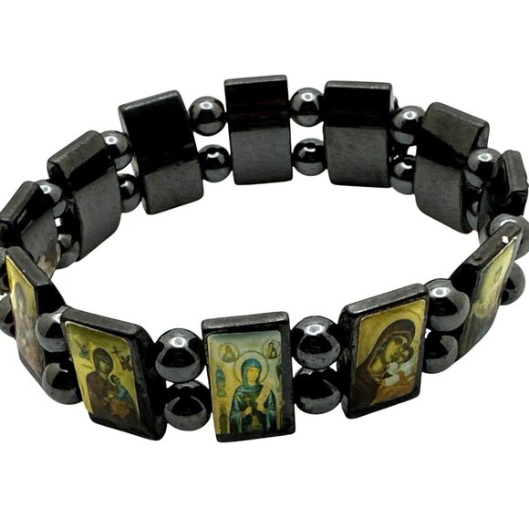 Hematite Iconic Saints Bracelet Prayer Religious Spiritual Stretch Devotional - Picture 6 of 7